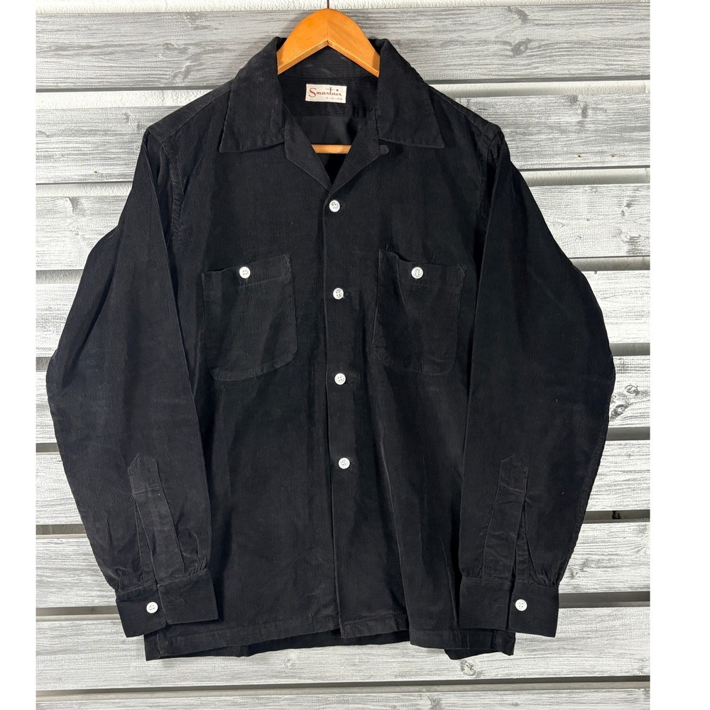 Vtg 70s Smartair Men Corduroy Shirt M Long Sleeve Loop Collar Western Rockabilly